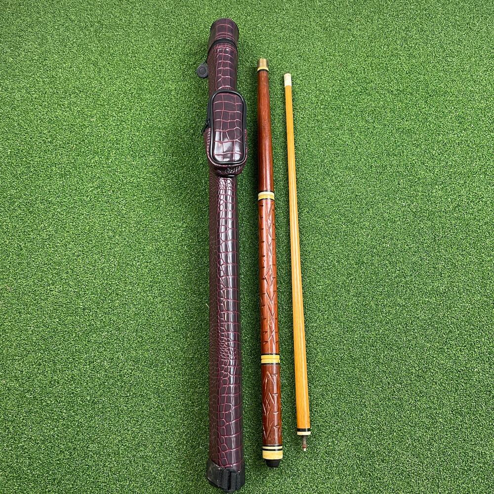 Vintage Two Piece Wooden Pool Cue Billiards Crocodile Leather Carrying Case